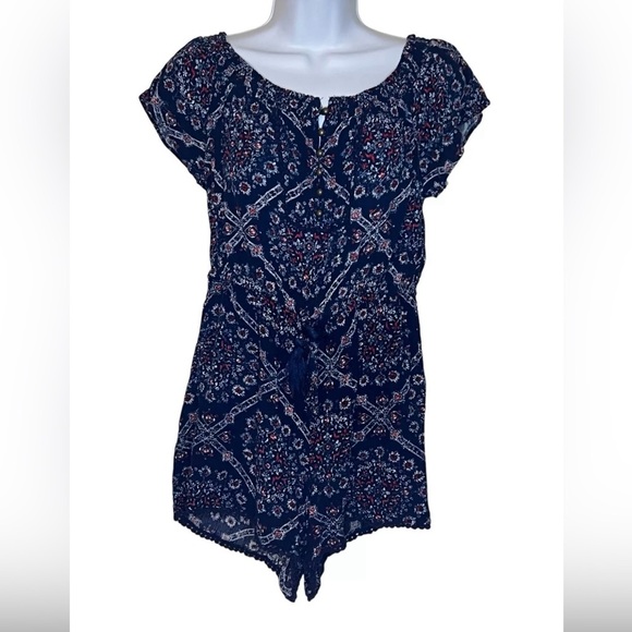 Jolt Pants - Jolt Womens Off the Shoulder Tie Front Romper Blue Floral XL